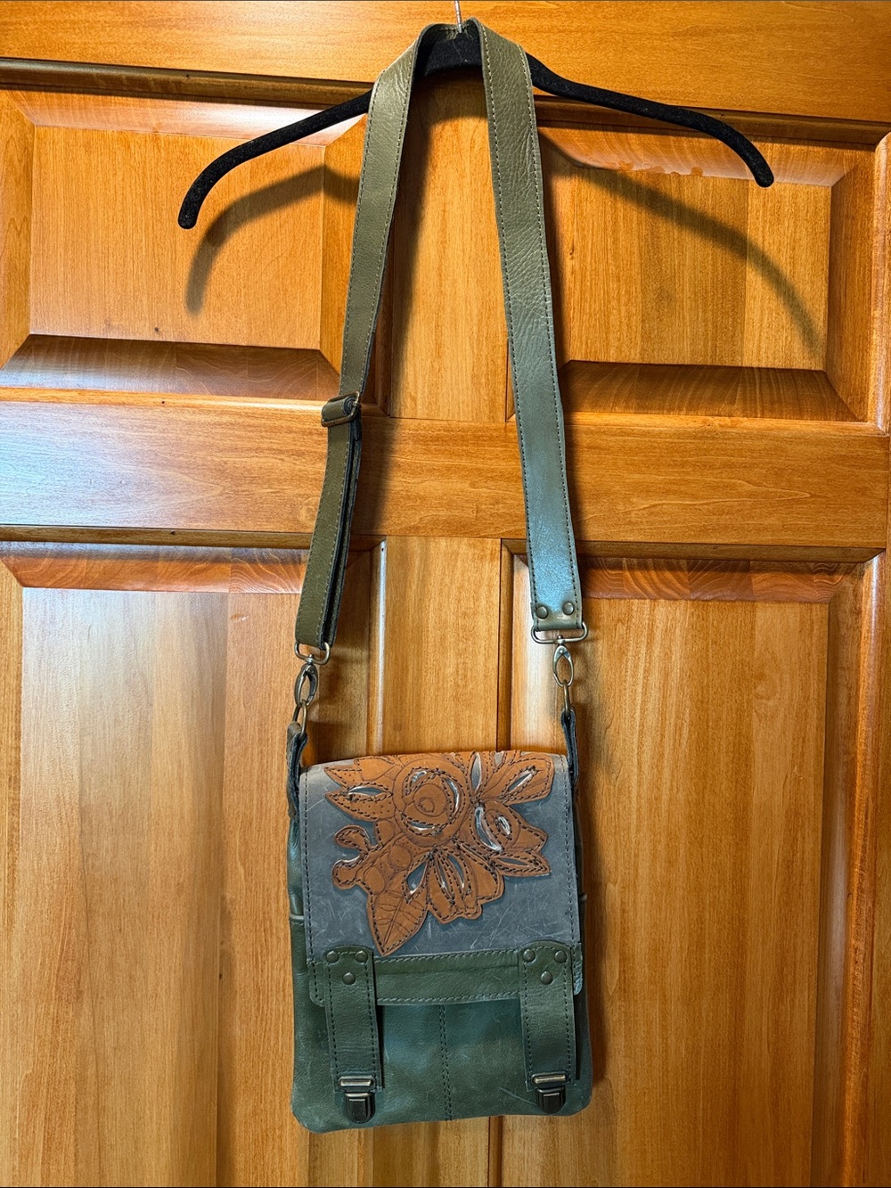 Olive Green Leather Crossbody with Floral Applique
